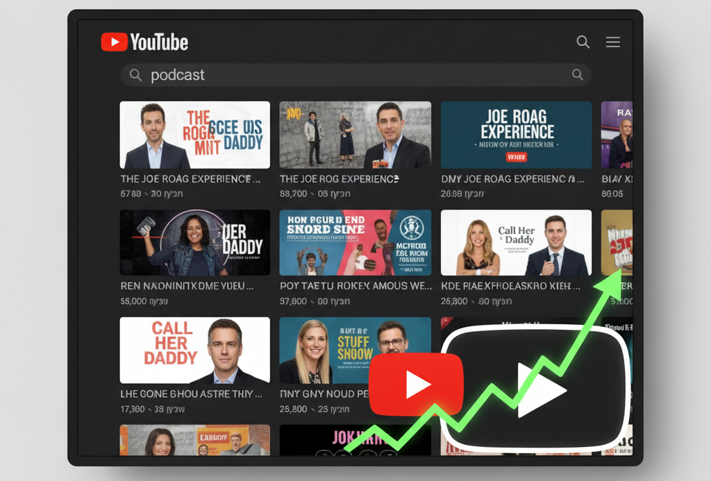 צילום מסך המדגים תוצאות חיפוש ביוטיוב עבור פודקאסט