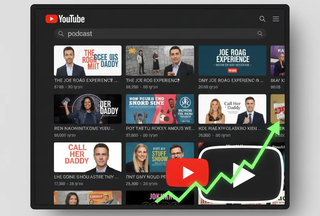 צילום מסך המדגים תוצאות חיפוש ביוטיוב עבור פודקאסט