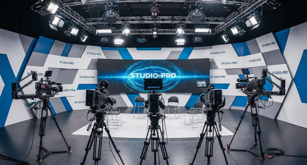 אולפן צילום מקצועי של סטודיו-פרו, המציג את ריבוי המצלמות, התאורה והרקע הממותג