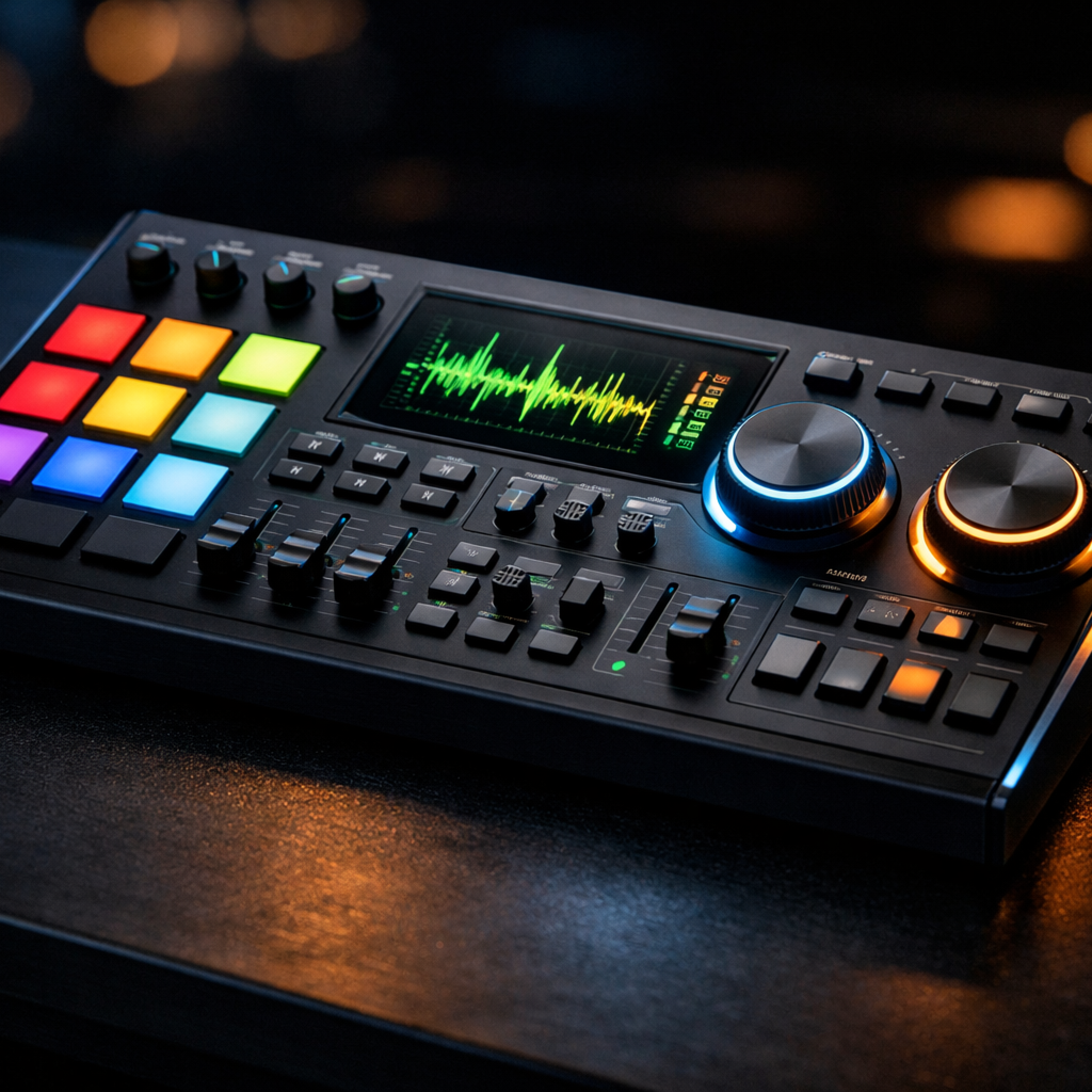 אולפן הקלטות ווידאו ופודקאסט של סטודיו פרו הכולל קונסולת ניתוב מתקדמת, תאורה מקצועית ועיצוב מודרני.