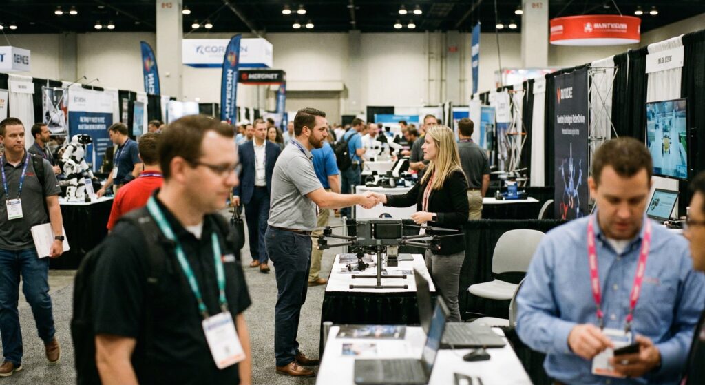 a documentary style photo taken from the aisle of a busy trade show floor. People are interacting at various booths, shaking hands, examining products. Shallow depth of field focusing on a central interaction.