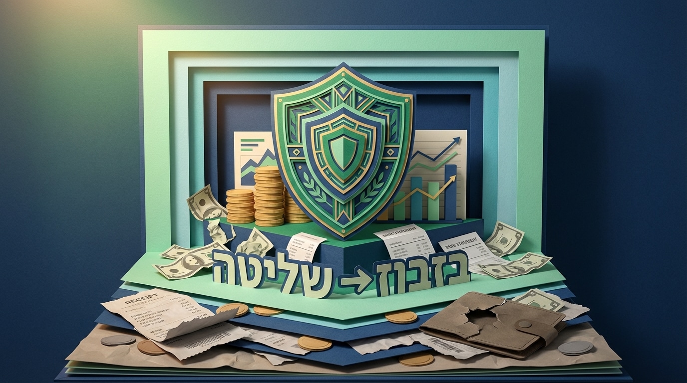 אילוסטרציה תלת מימדית של מגן נייר השומר על מטבעות, המייצג ניהול פיננסי נכון מול בזבוז
