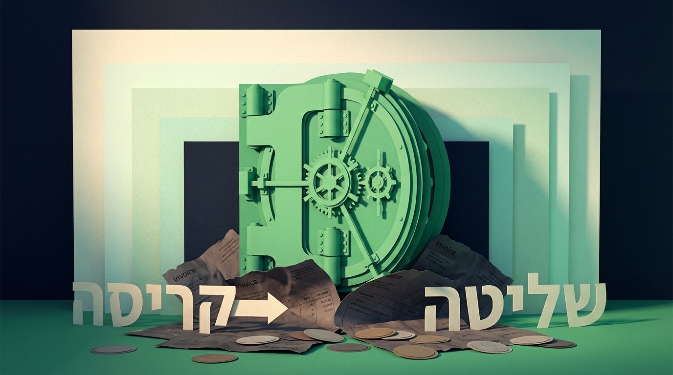 אילוסטרציית תלת מימד מנייר המציגה כספת יציבה העולה מתוך ערימת חשבוניות קרועות, עם הטקסט קריסה מול שליטה בנושא תזרים מזומנים