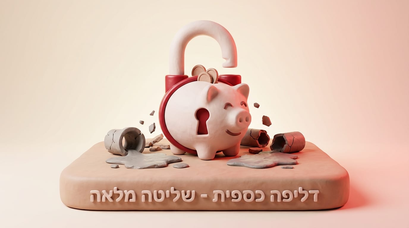 פסל חימר תלת-ממדי של מנעול-קופת חיסכון העוצר דליפת מים, עם הכיתוב דליפה כספית מול שליטה מלאה בהקשר של תשדירים