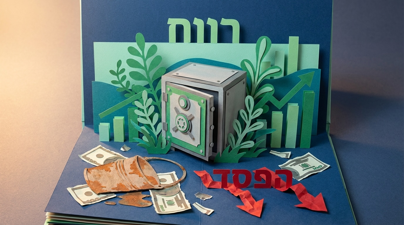 מיצג נייר תלת מימדי המציג כספת יציבה וגרפים עולים מול דלי דולף, עם המילים הפסד ורווח בנושא תמחור ורווחיות
