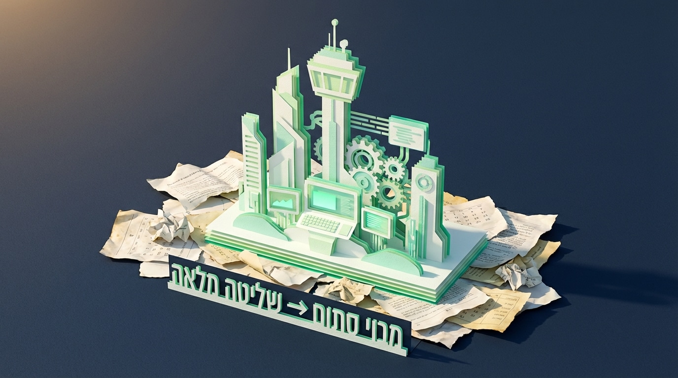 אילוסטרציית נייר תלת-ממדית המציגה מעבר מדוחות ישנים ומקומטים למגדל פיקוח נקי המייצג שליטה על תמחור ורווחיות