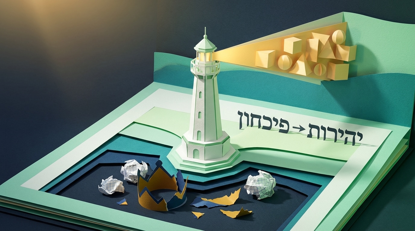 אמנות נייר שכבות המציגה מגדלור יציב (פיכחון) המתנשא מעל שברי כתר קרוע (יהירות) בנושא תכנון פרישה