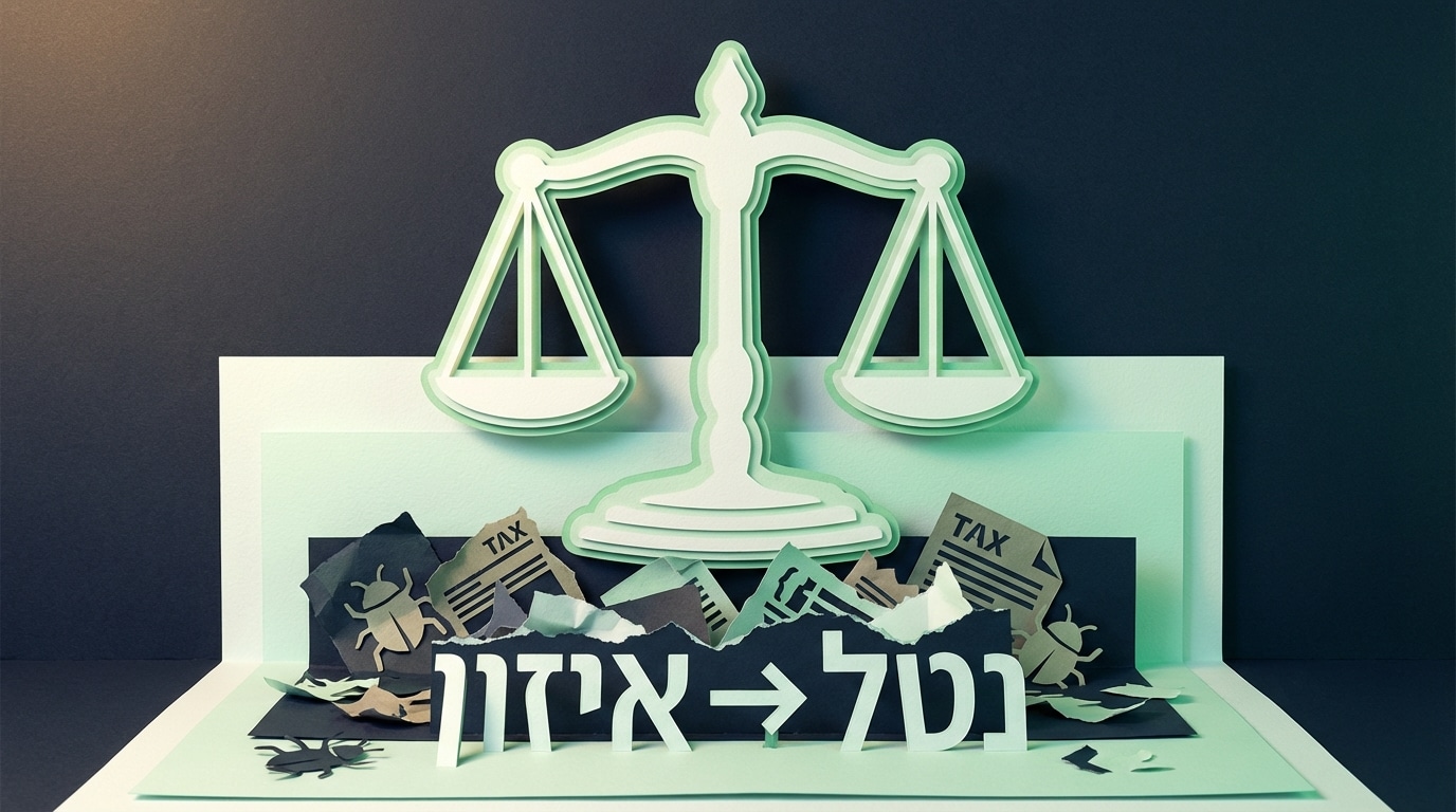 מודל נייר תלת מימדי של מאזניים יציבים מעל ערימת דפים קרועים, המייצג את רשות המסים