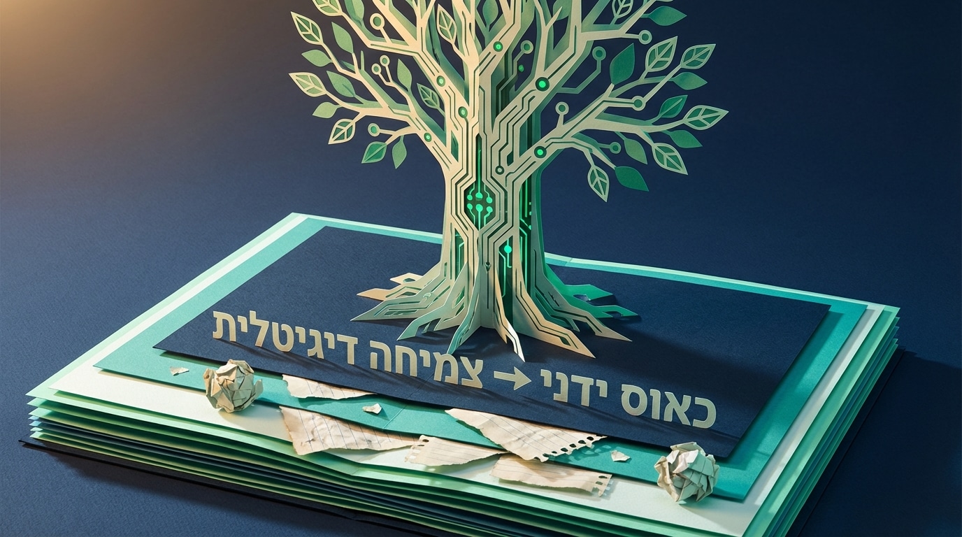 פסל נייר תלת מימדי של עץ דיגיטלי הצומח מתוך ערימה של דפי מחברת מקומטים, עם הכיתוב כאוס ידני וצמיחה דיגיטלית, הממחיש תכנון פרישה מודרני.