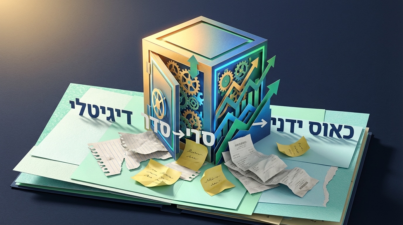 כספת דיגיטלית מנייר צומחת מתוך ערמת ניירת קרועה המייצגת תכנון פרישה חכם