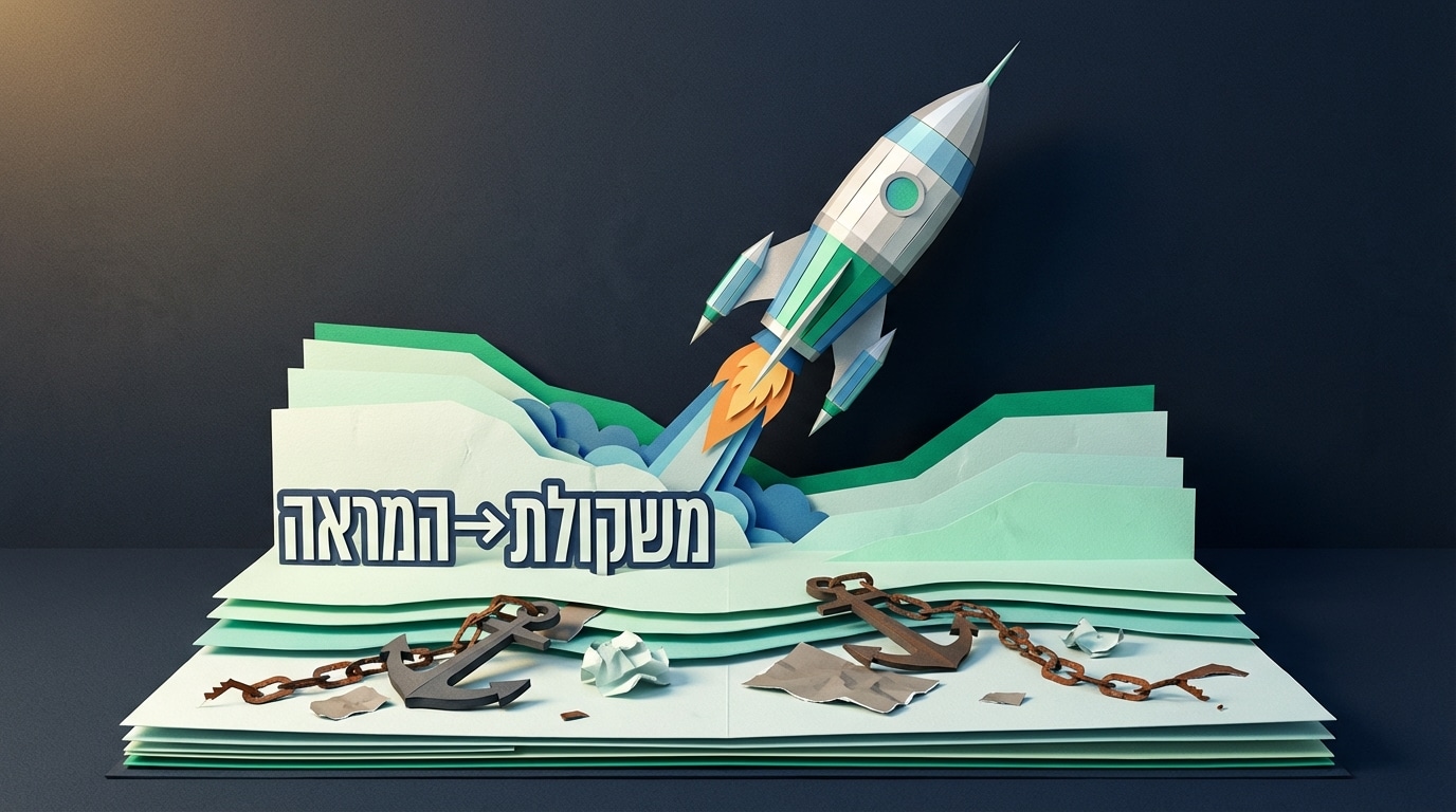 אילוסטרציה ראשית בסגנון פופ-אפ נייר המציגה טיל ממריא מעל עוגנים כבדים, עם הכיתוב משקולת והמראה, בנושא תמחור ורווחיות