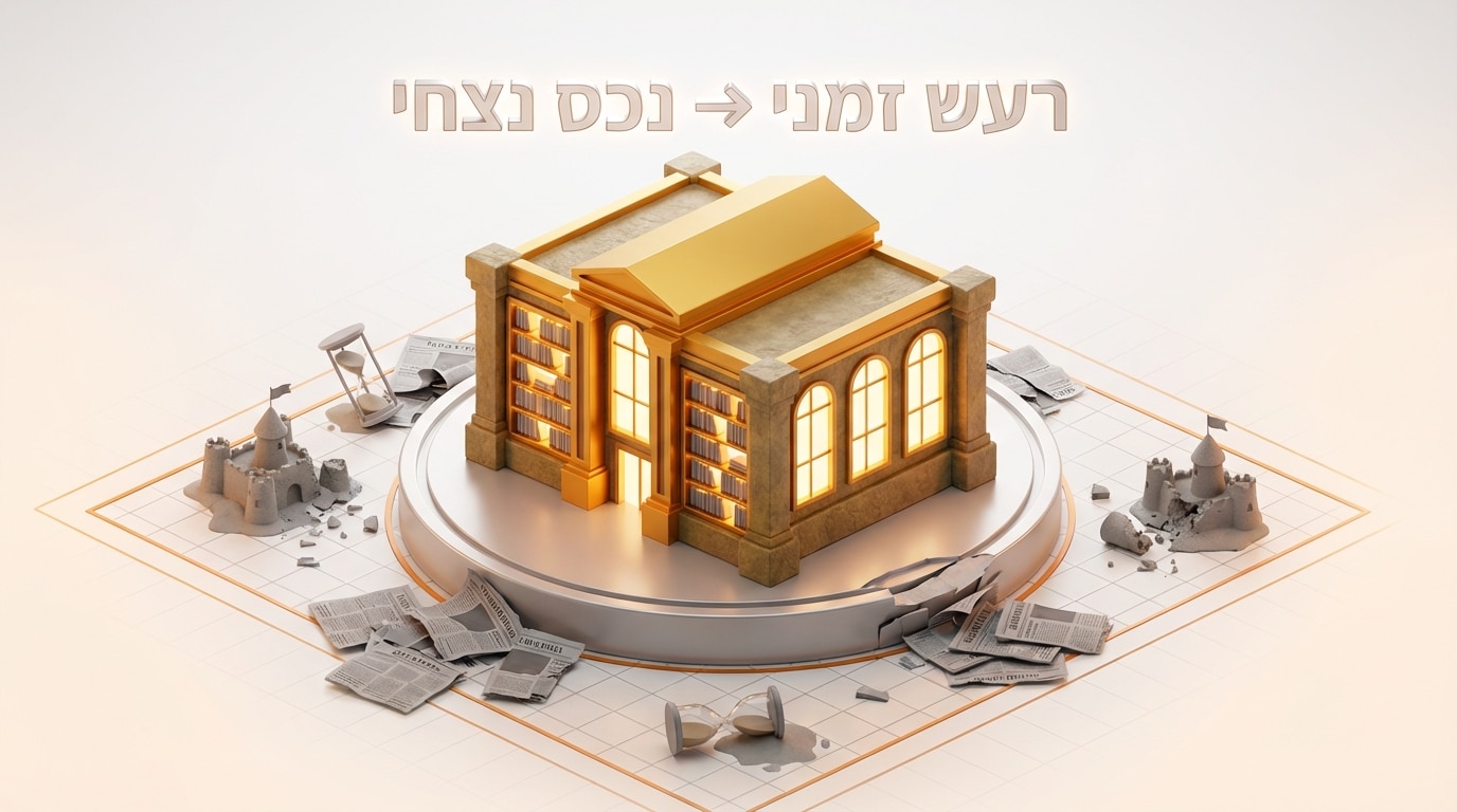 מבנה ספריה יציב ומוזהב המייצג נכס פודקאסטים נצחי מול ערימות עיתונים מתפוררים