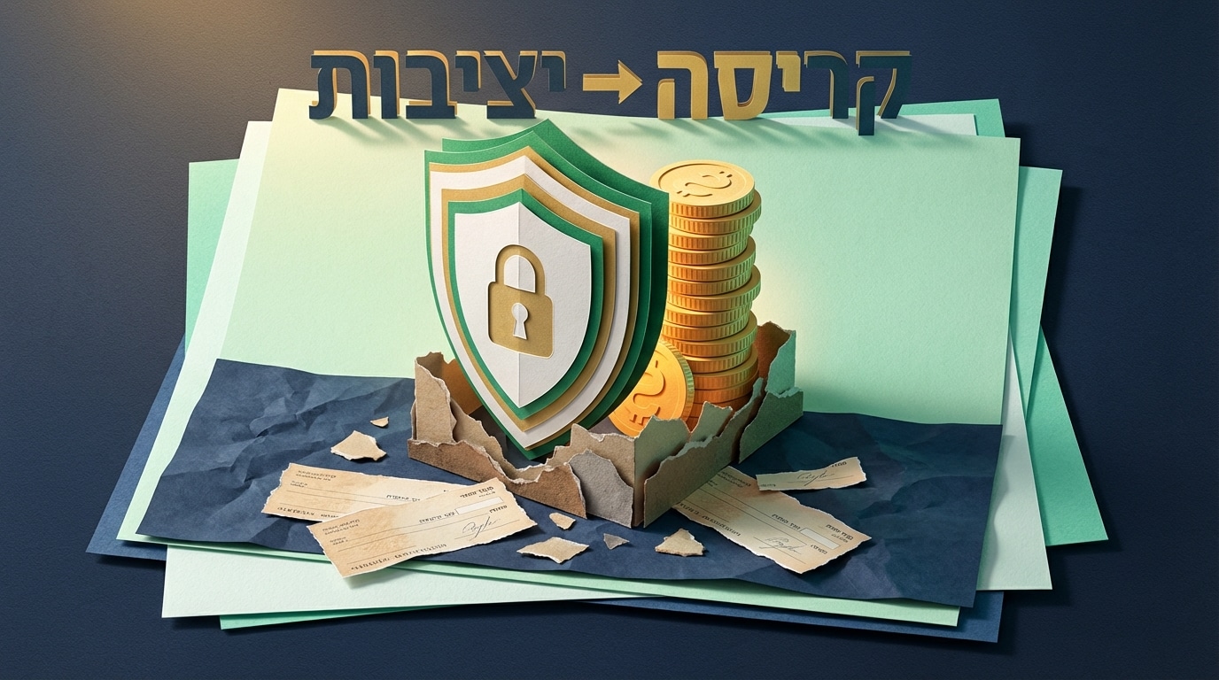 אילוסטרציית תלת מימד של מגן המגן על מטבעות כנגד בסיס מתפורר, המייצגת יציבות מול קריסה בניהול תזרים מזומנים