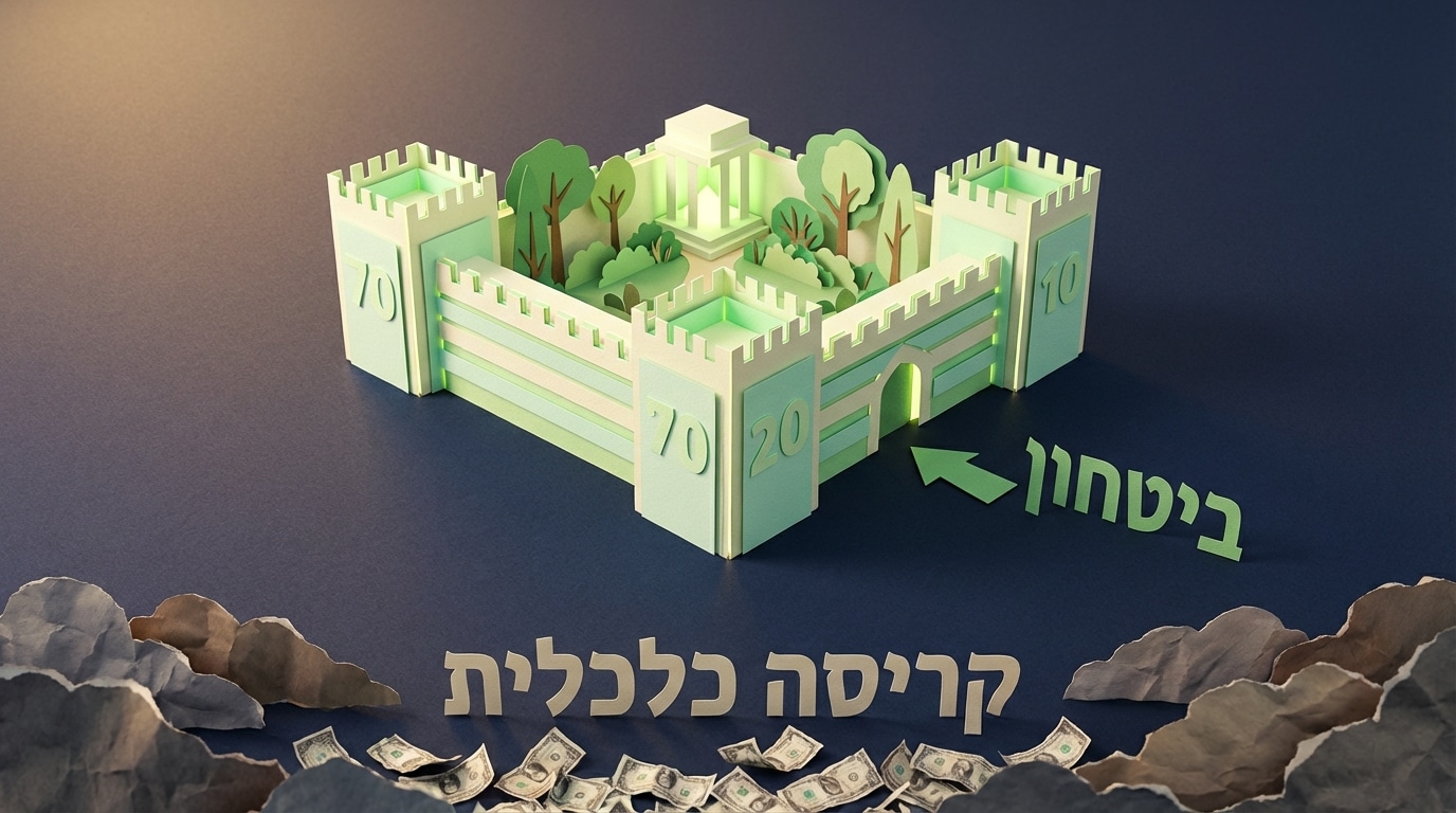 מבצר נייר המייצג ניהול פיננסי חכם המגן מפני כאוס כלכלי עם טקסט בעברית