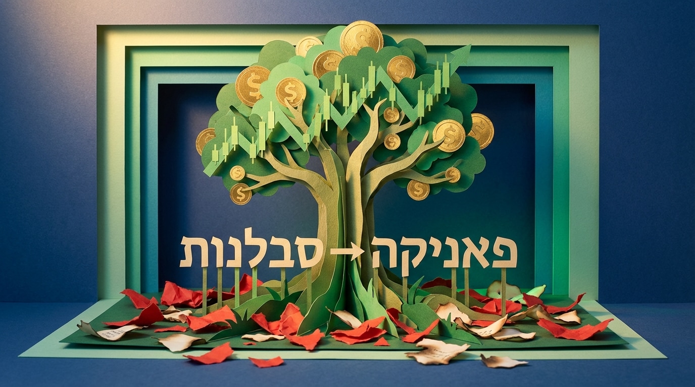 עץ כסף מנייר צומח מתוך ניירות קרועים המייצג שוק ההון