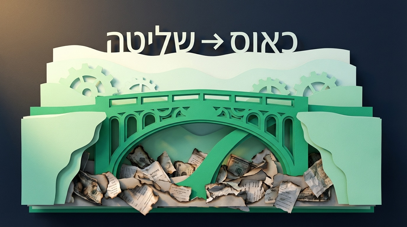אילוסטרציית נייר תלת מימדית של גשר יציב מעל תהום של כסף שרוף, המייצגת ניהול תקציב