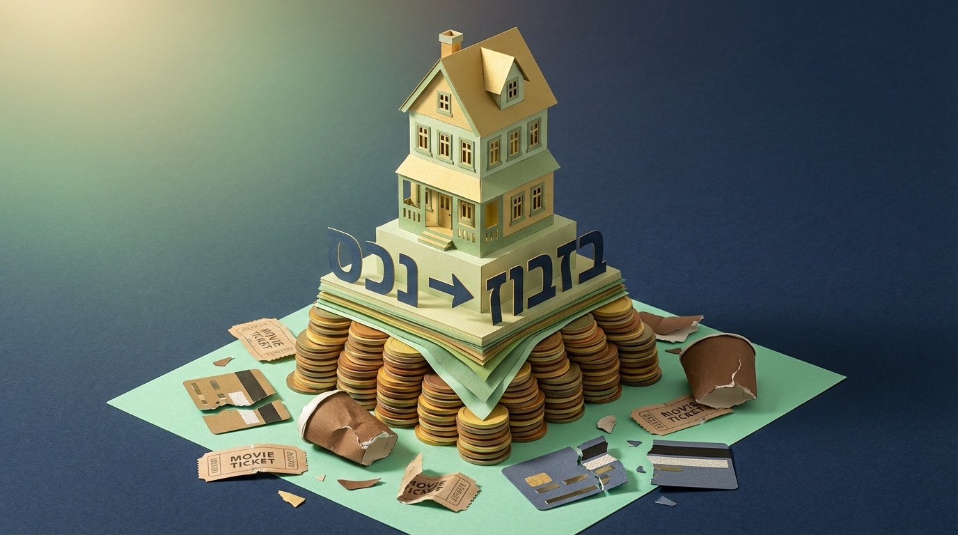 אמנות נייר המציגה בית יציב על הר של מטבעות העולה מתוך ערמה של כוסות קפה וכרטיסי אשראי קרועים, בנושא רכישת דירה ראשונה