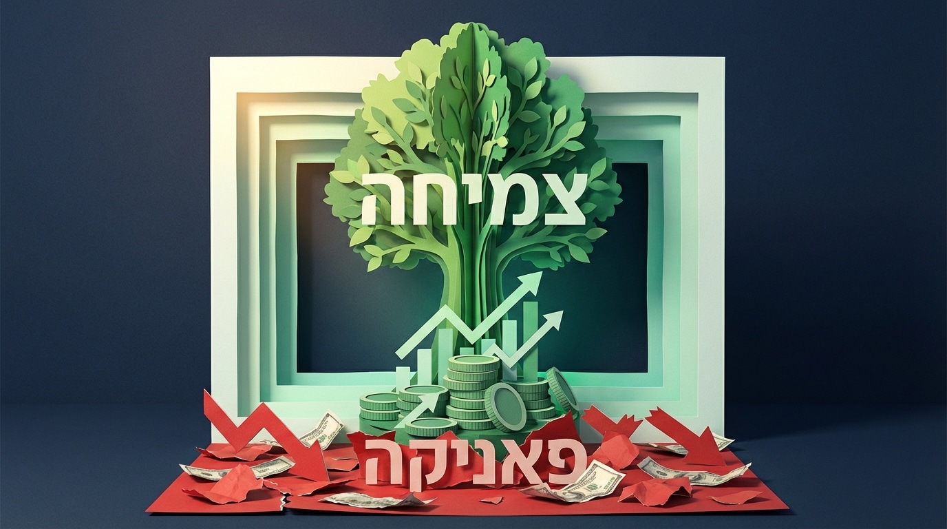 אילוסטרציית תלת מימד של עץ נייר יציב צומח מתוך ערימת ניירות מקומטים, הממחיש את הניגוד בין פאניקה לבין השקעות לטווח ארוך