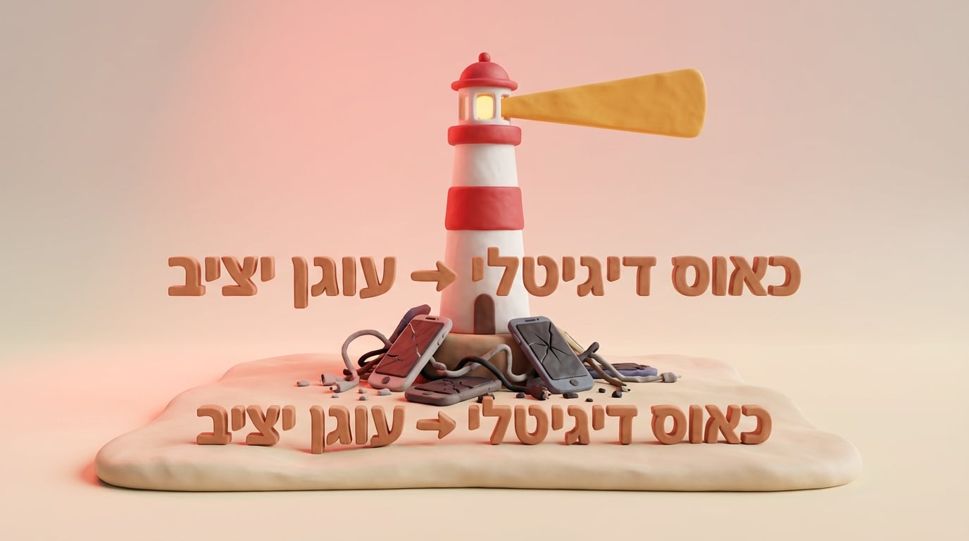 פסל חימר תלת-ממדי של מגדלור יציב המייצג פרסום ברדיו מעל שברי טלפונים