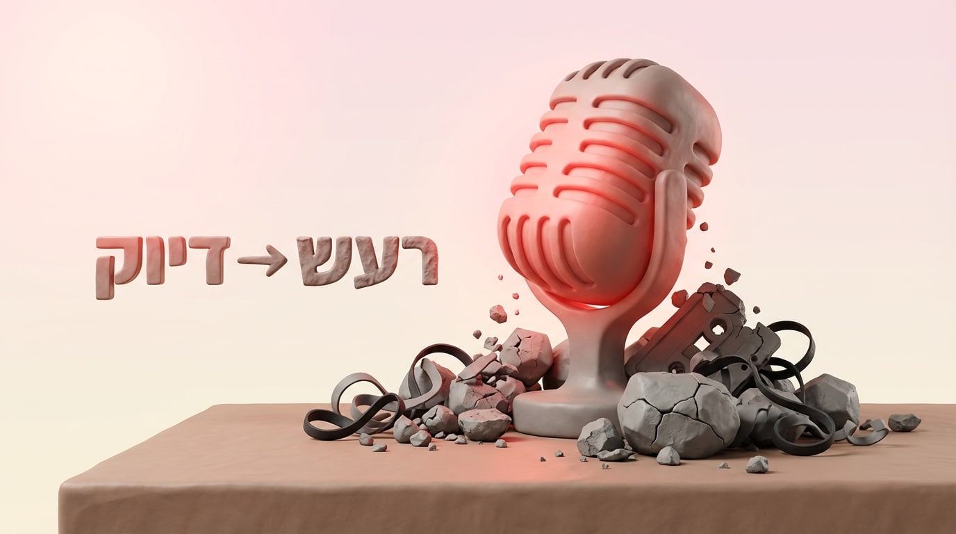 מיקרופון בצורת יהלום מלוטש מפלסטלינה העולה מתוך ערימת סלעים אפורים, הממחיש את המעבר לרמת פיילוט לרדיו מקצועית