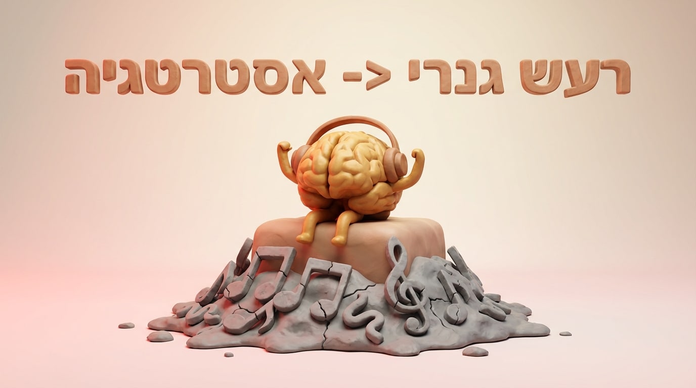 פסל פלסטלינה של מוח עם אוזניות המייצג ג'ינגל עסקי אסטרטגי לעומת תווים נמסים