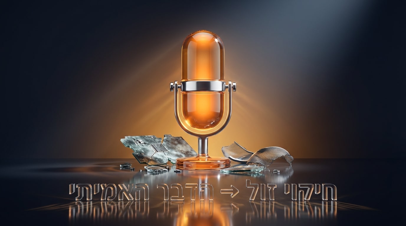 מיקרופון זכוכית זוהר ומושלם עומד מעל שברים של מעגלים אלקטרוניים, המייצג את היתרון של בינה מלאכותית ברדיו ככלי עזר בלבד