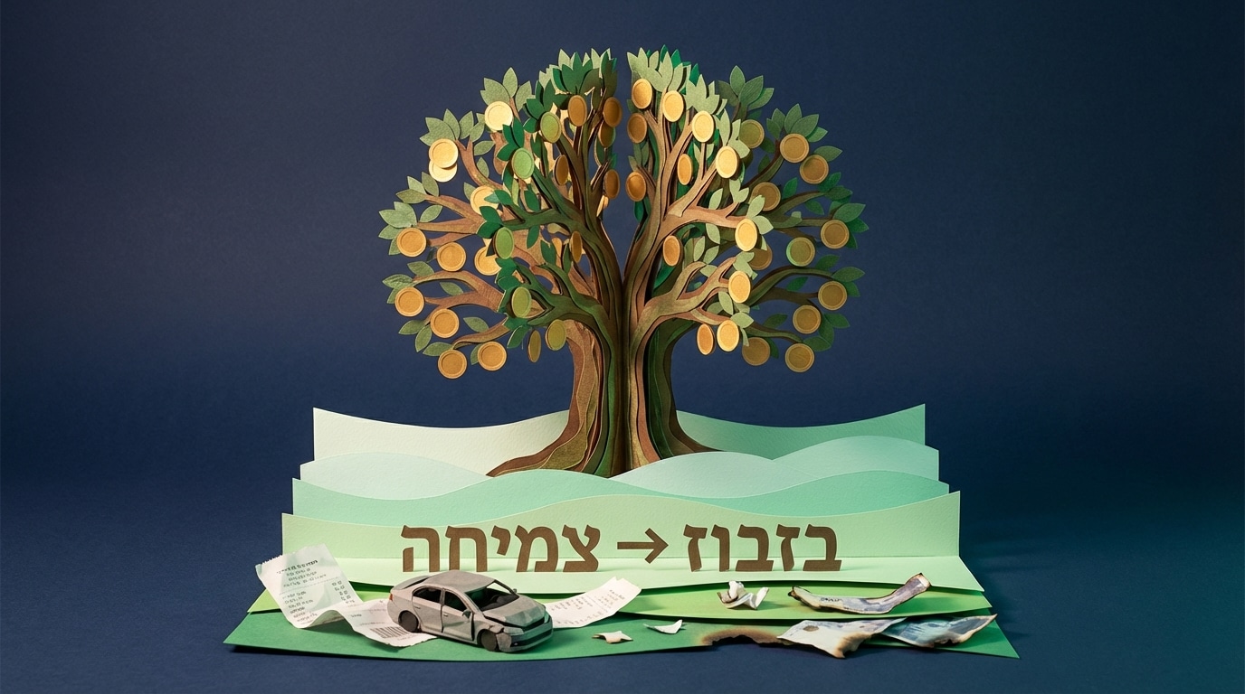 עץ כסף מנייר צומח מתוך ערימת קבלות קרועות, המייצג את המעבר מבזבוז לצמיחה בניהול הון אישי