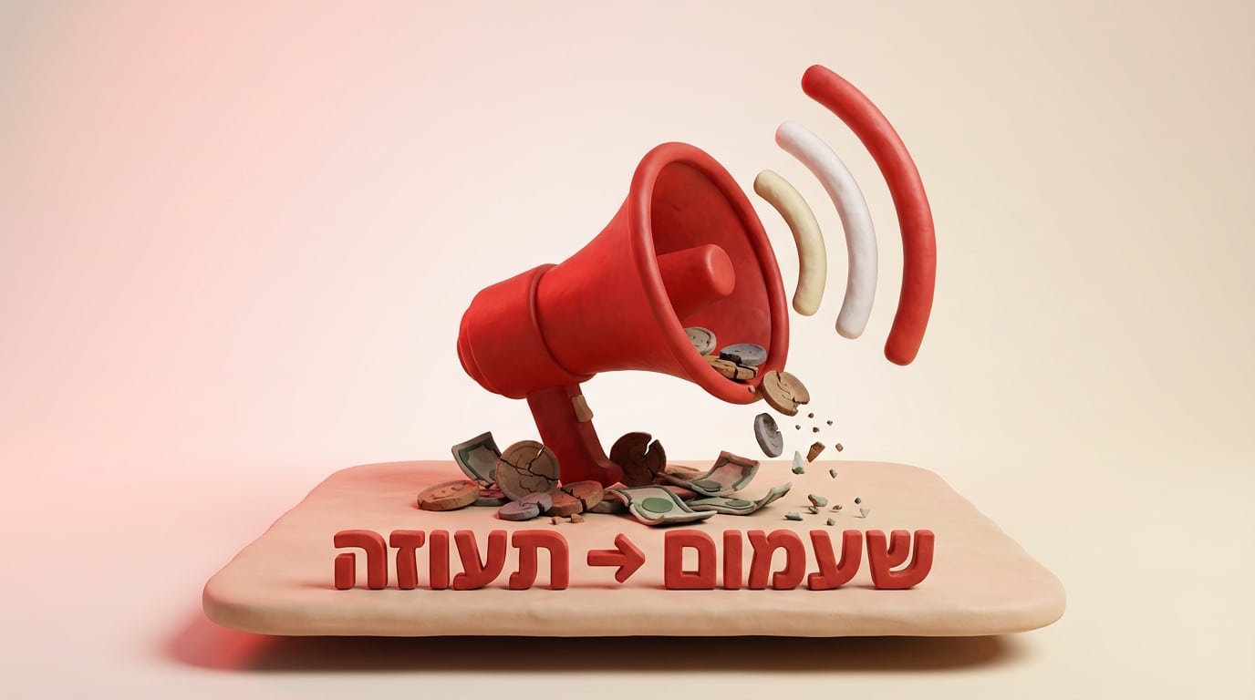 מגפון אדום מחימר מלוטש מעל ערימת מטבעות שבורים המייצג תשדירים נועזים מול בזבוז כסף