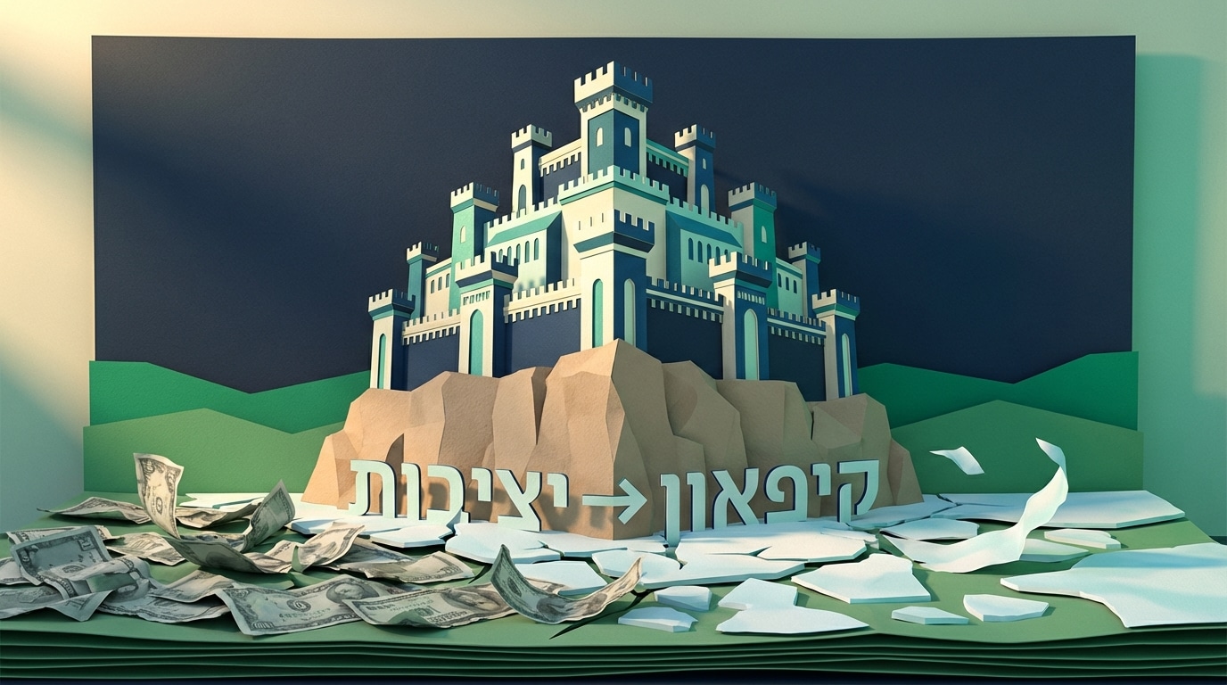 איור נייר תלת-ממדי המציג מעבר מקיפאון כלכלי למבצר יציב, כחלק מתהליך תכנון פרישה נכון.