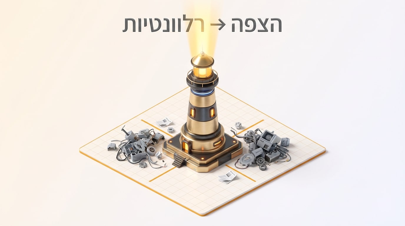 מגדלור טכנולוגי המייצג רלוונטיות בקידום אתרים עולה מתוך ערמות של זבל רובוטי