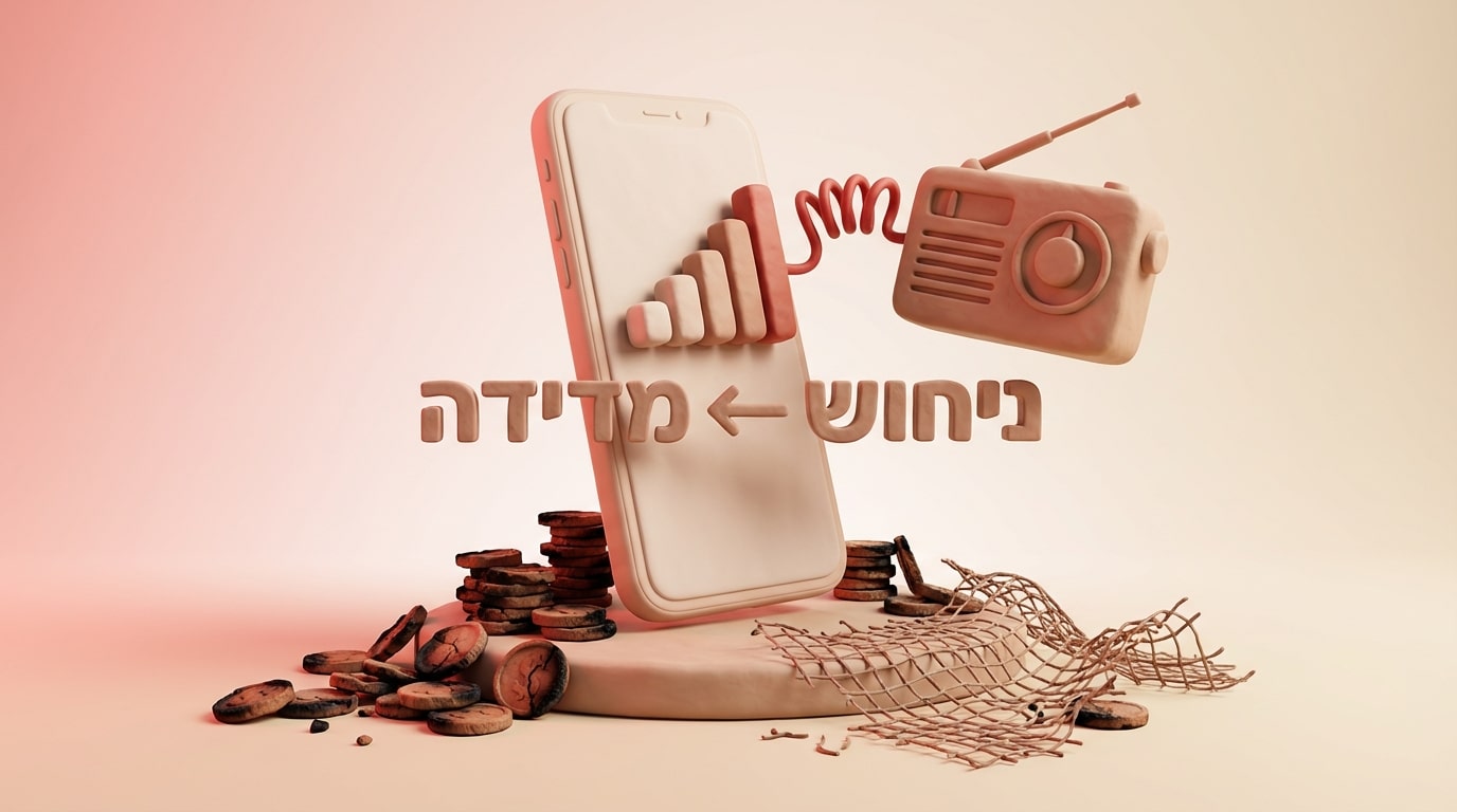 טלפון חכם ורדיו מחוברים המייצגים מדידת קמפיינים מול ערימות כסף שרוף