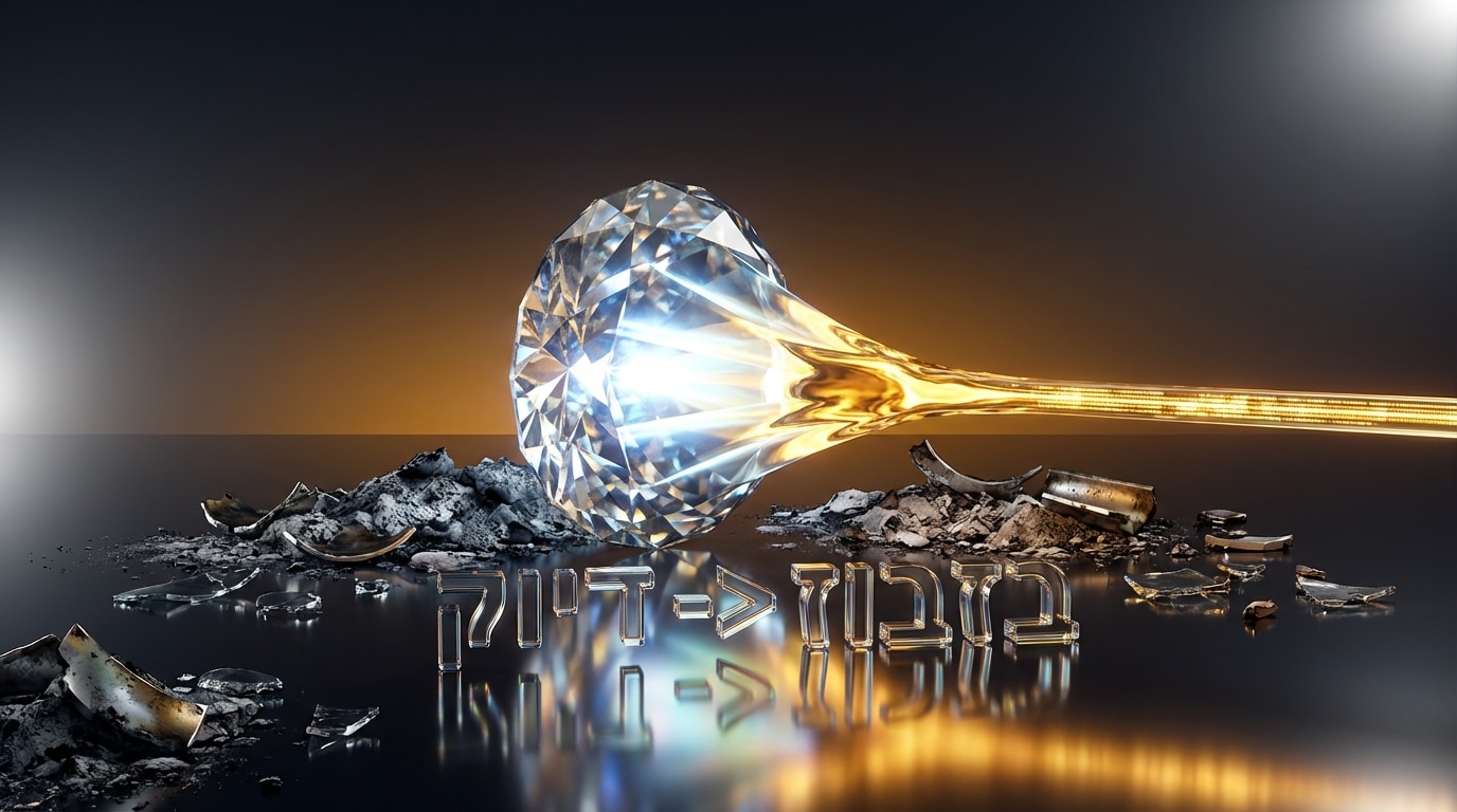 עדשת יהלום ענקית מרכזת קרן אור מול ערימת אפר וזכוכית שבורה עם הכיתוב בזבוז מול דיוק בנושא גוגל אדס