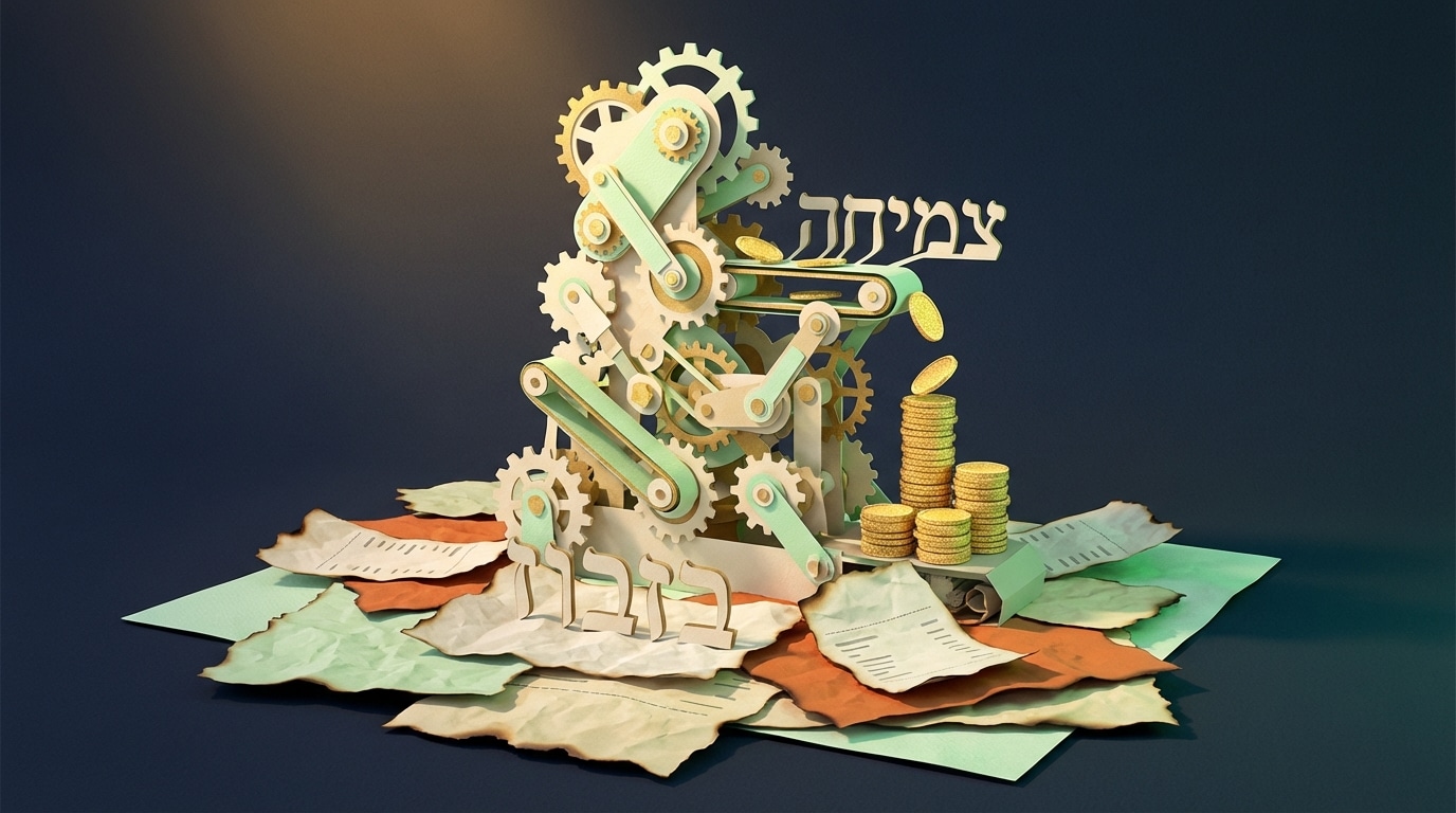 פסל נייר תלת מימדי המציג מכונת צמיחה פיננסית העולה מתוך ערימת קבלות מקומטות בנושא תמחור ורווחיות