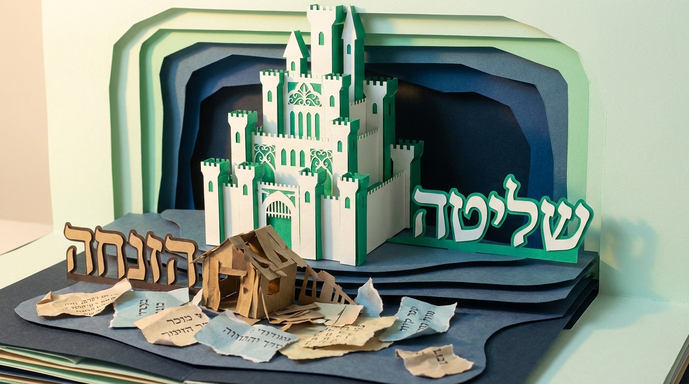 אמנות נייר המציגה מבצר יציב המייצג תכנון פרישה נכון מול הריסות נייר המייצגות הזנחה פיננסית