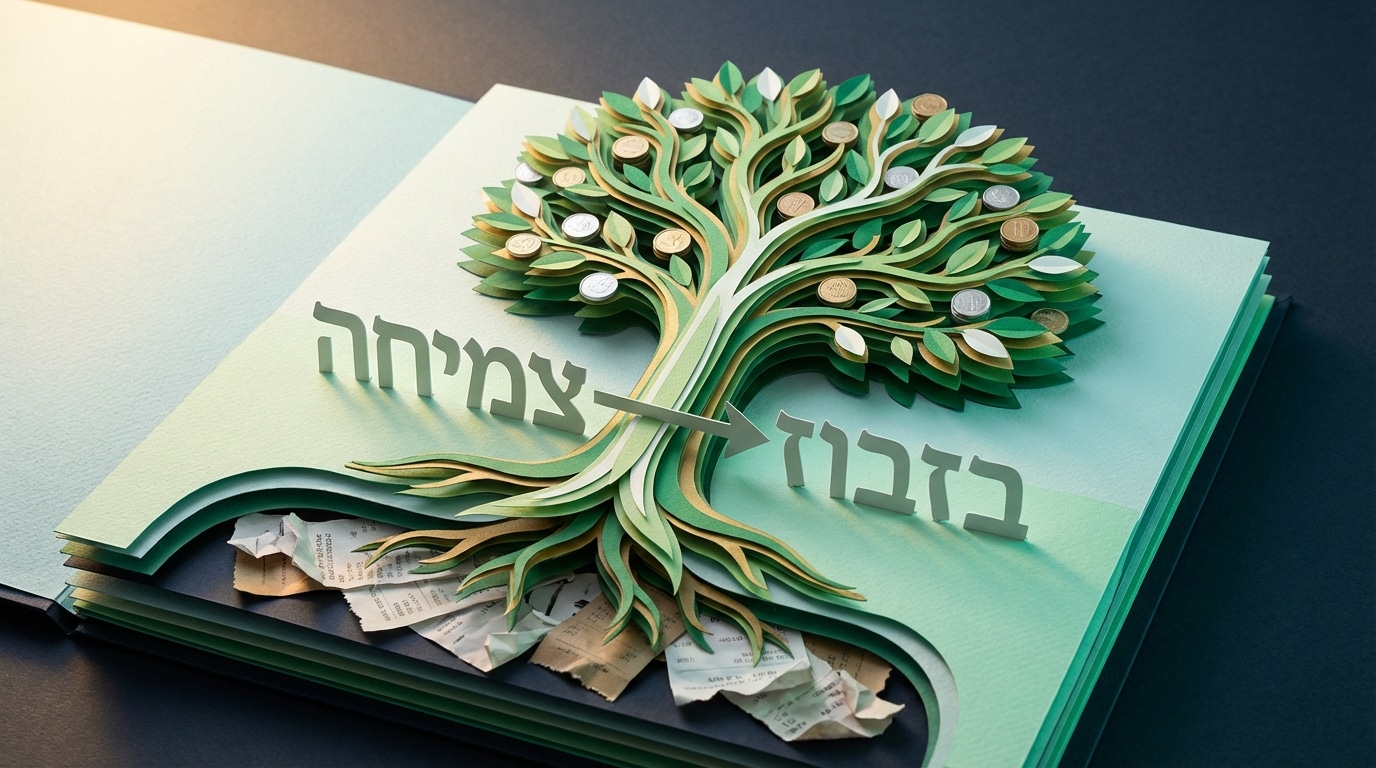 עץ כסף מנייר צומח מתוך קבלות קרועות, המייצג מעבר מניהול הון אישי כושל לצמיחה