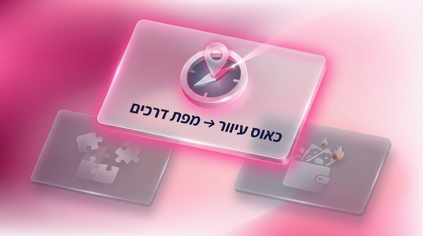אסטרטגיה עסקית מומחשת כמצפן מודרני על זכוכית חלבית מול פיזור משאבים