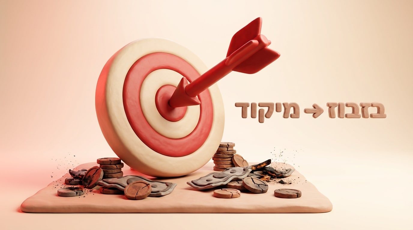 מטרה מחימר עם חץ במרכז המייצגת מיקוד בפרסום ברדיו, מוקפת בכסף שרוף