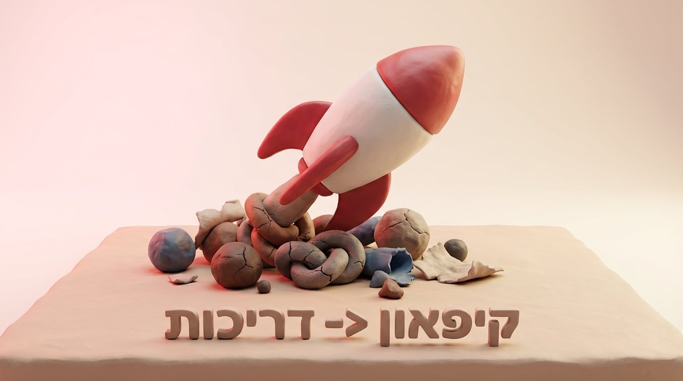 חץ חימר חד המייצג דריכות בשידור חי פורץ מתוך גוש חימר מסובך המייצג קיפאון
