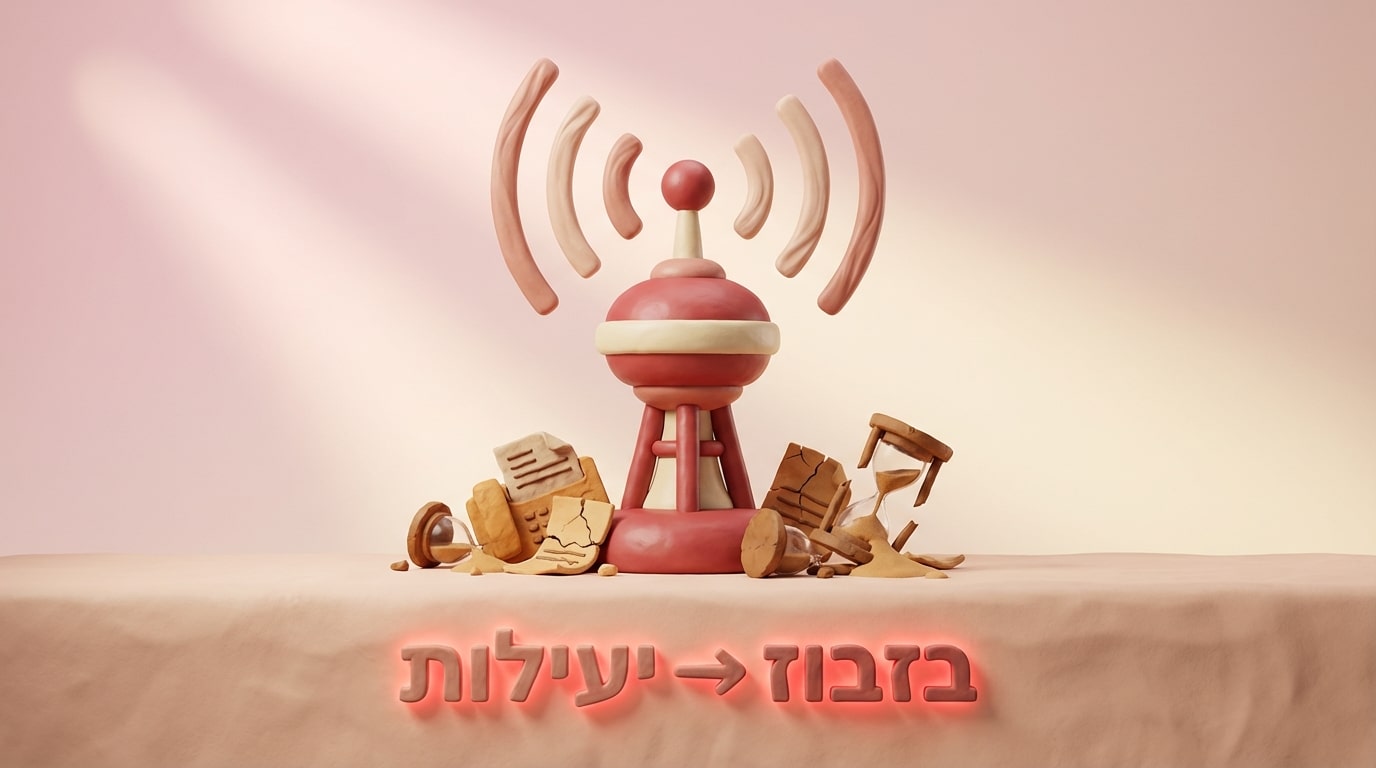 פסל חימר של מגדל שידור עתידני מבריק היוצא מתוך ערימה של פקסים קרועים ושעוני חול שבורים, המייצג ייעול תשדירים