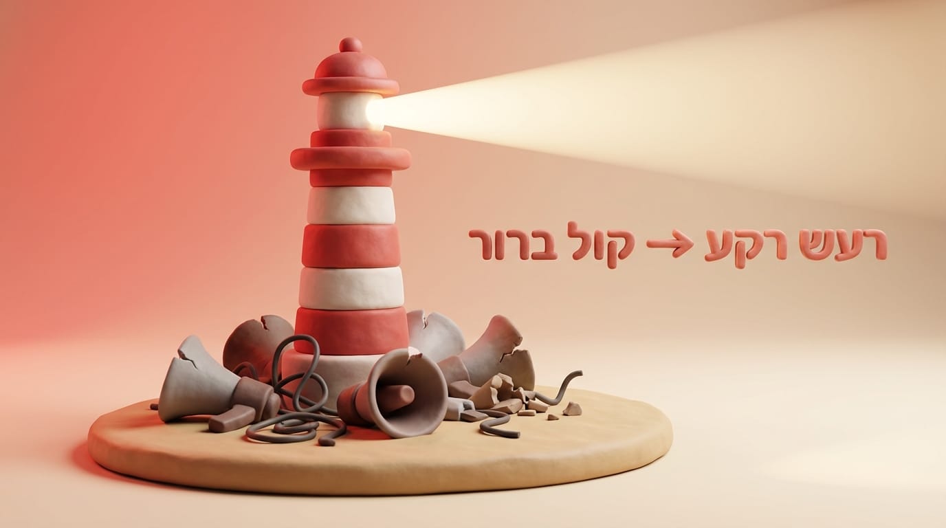 מגדלור תלת-ממדי יציב מחימר המייצג תשדירים ברורים, עומד מעל שברי מגפונים המייצגים רעש רקע