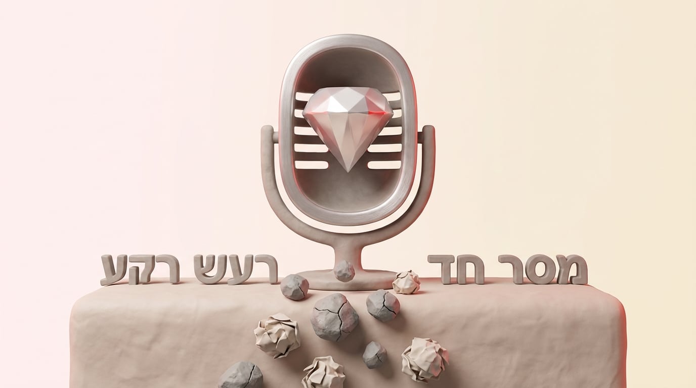 יהלום מלוטש בתוך מיקרופון המייצג כתיבת תסריט לרדיו מדויק מול אבנים גולמיות
