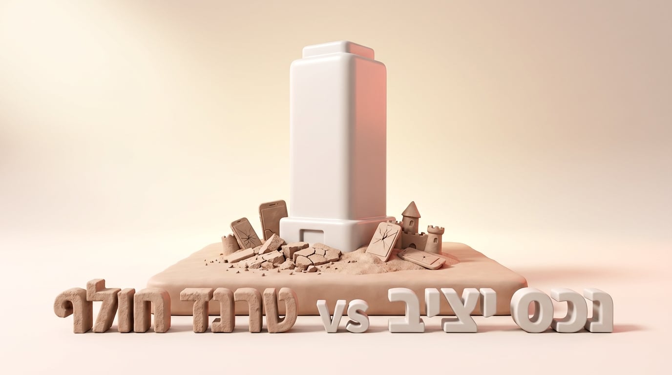 גורד שחקים מפלסטלינה לבנה ומלוטשת המייצג נכס יציב, מוקף בשברי טלפונים וארמונות חול מתפוררים המייצגים טרנדים, עם הכיתוב תשדירים