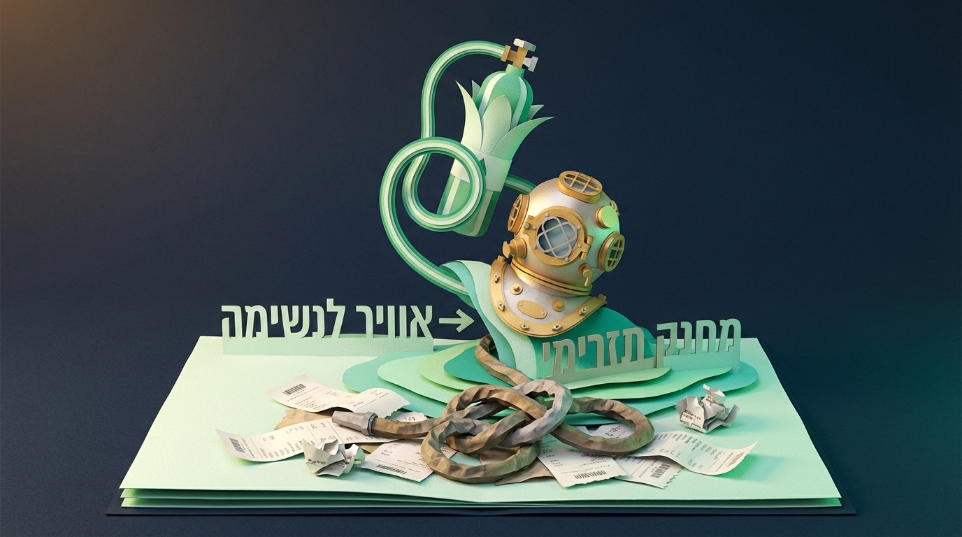 קסדת צלילה מנייר המחוברת לצינור חמצן ירוק המסמלת תמחור ורווחיות תקינים מול קבלות קרועות