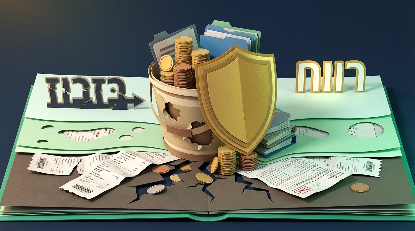 אילוסטרציית נייר תלת מימדית המציגה מגן זהב הסותם חורים בדלי מול חשבוניות קרועות, עם הכיתוב בזבוז מול רווח, בנושא תמחור ורווחיות