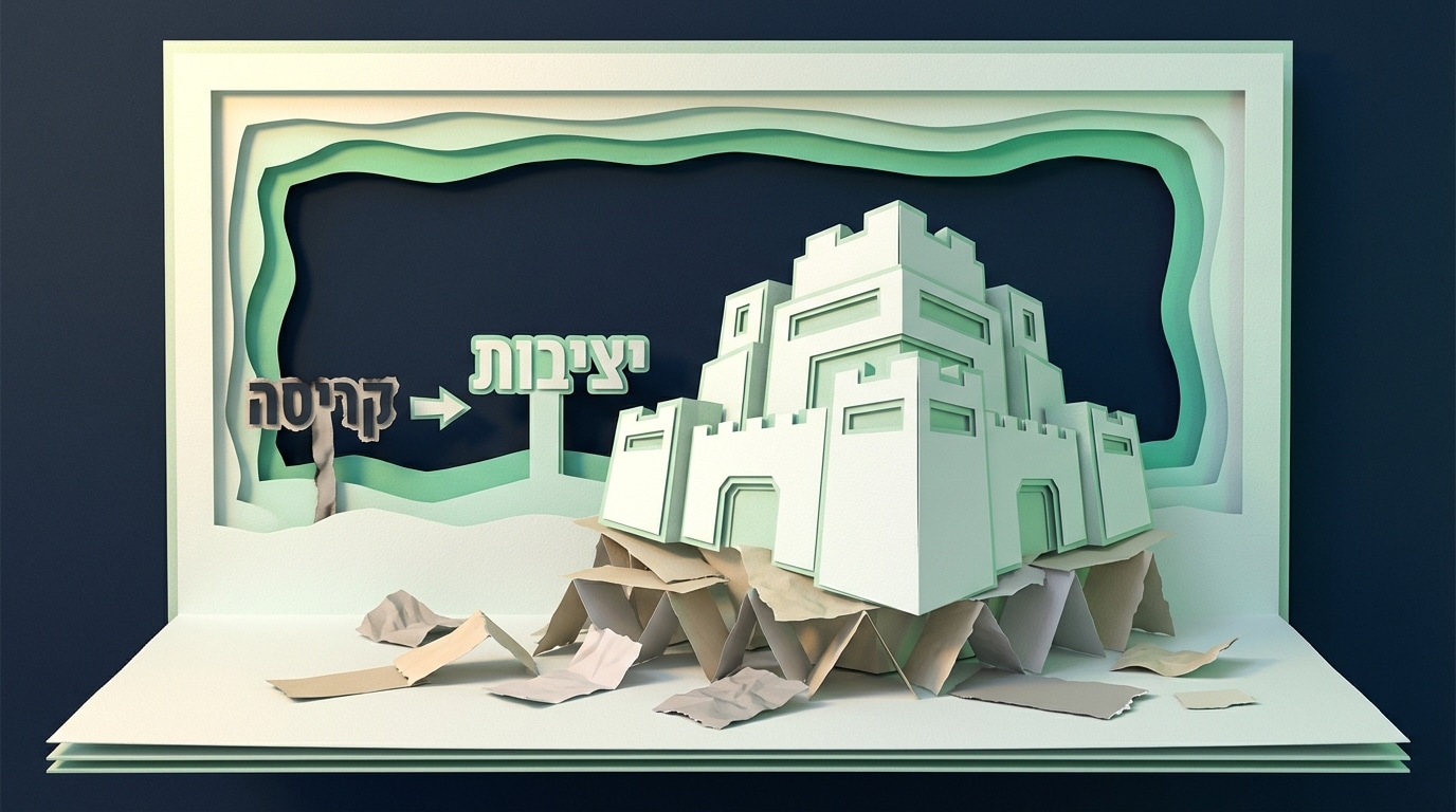 מיצג נייר המראה מעבר מקריסה ליציבות בתיק הפיננסי עם דימוי של בונקר חזק מול מגדל קלפים