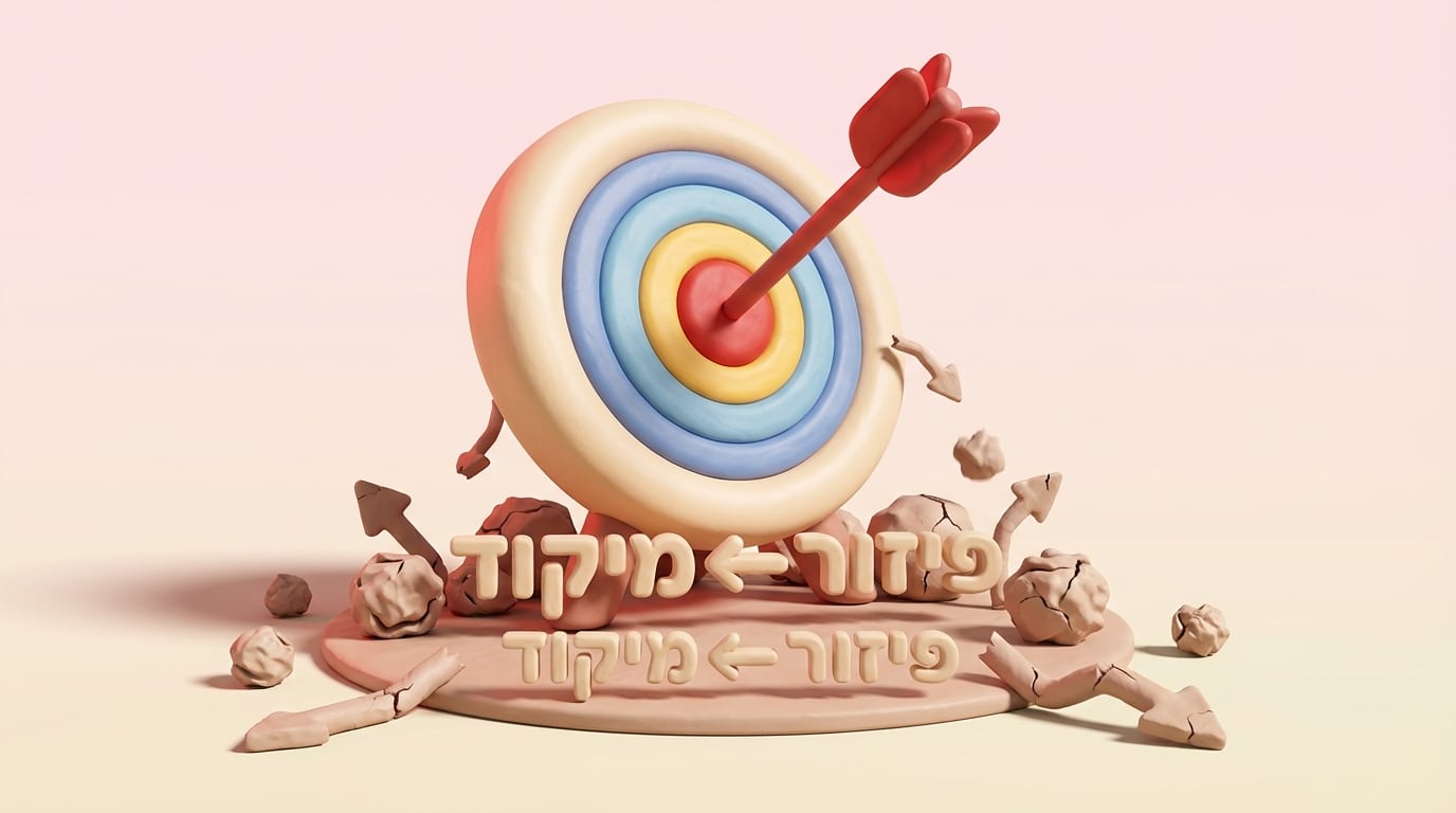 מטרה מחימר עם חץ במרכז המייצגת מיקוד, לעומת חצים שבורים המייצגים תשדירים מפוזרים