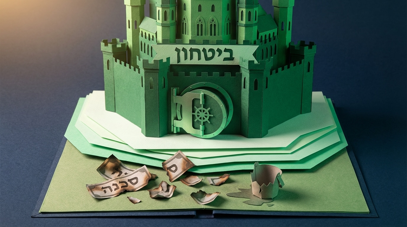 אילוסטרציית תלת מימד של טירה מנייר המייצגת ביטחון ותזרים מזומנים יציב העולה מתוך שברי נייר קרועים של כסף אבוד