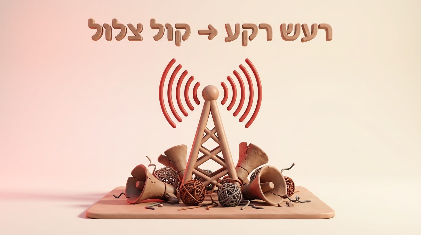 אנטנת רדיו יציבה מחימר עומדת מעל ערמת רמקולים שבורים, המייצגת תשדירים אפקטיביים מול רעש