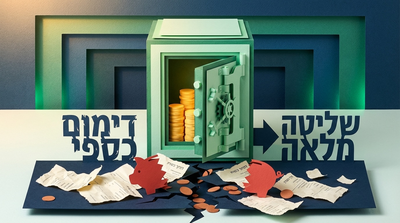 אילוסטרציה של כספת יציבה הבנויה מנייר המחליפה שברים של קופות חזיר וכסף מפוזר, בנושא תמחור ורווחיות