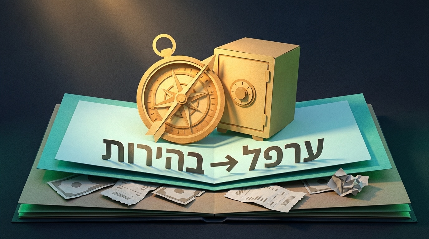 אילוסטרציית תלת מימד מנייר המציגה מעבר מערפל פיננסי לבהירות עסקית בנושא תמחור ורווחיות